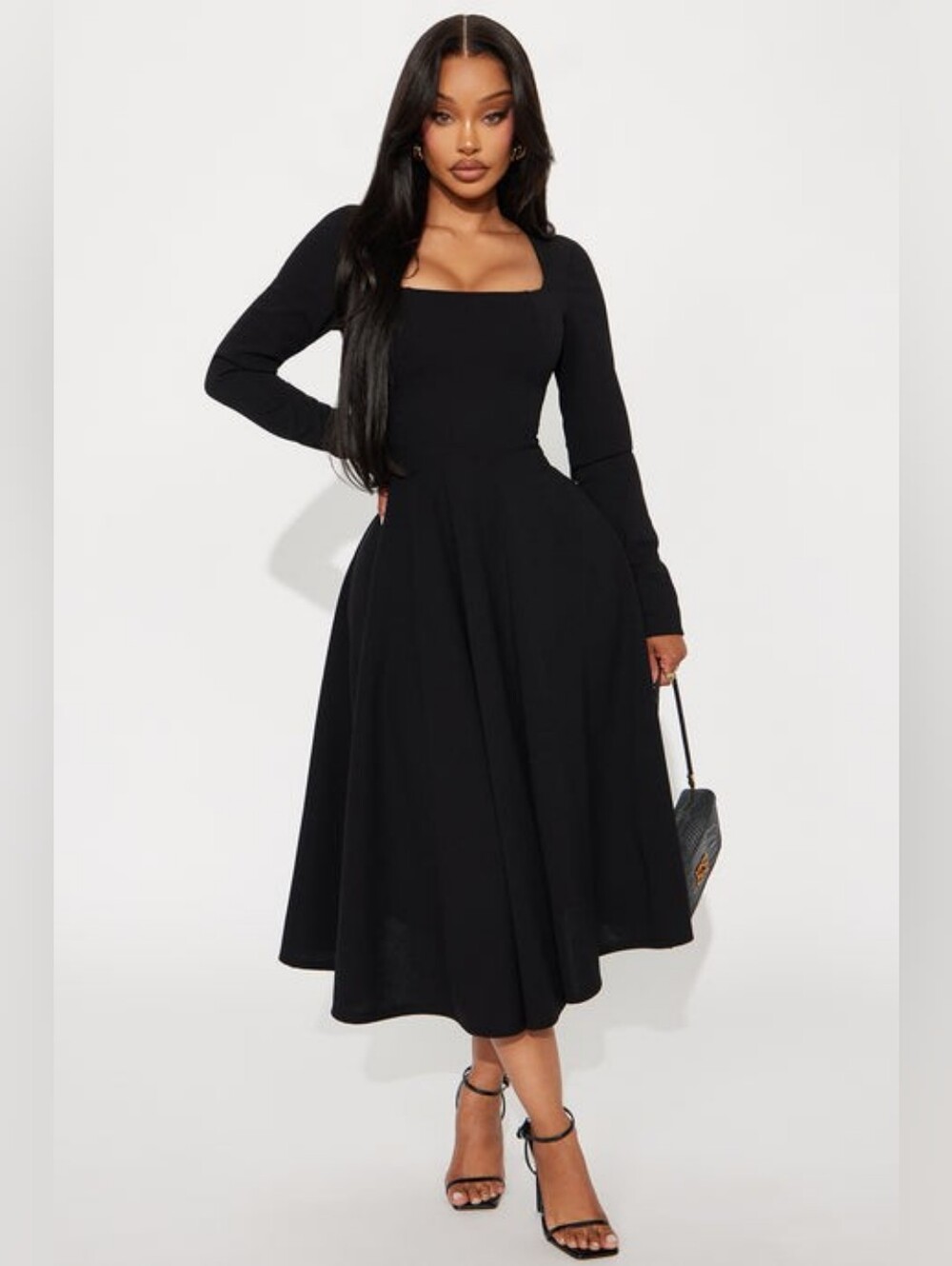 Alena Long Sleeve Midi Dress - Black